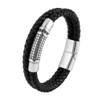 PU Leather Cord Bracelets 316L Stainless Steel with PU Leather polished & for man black Length Approx 8.26 Inch Sold By PC