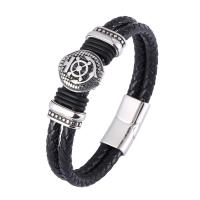 Cuero Pulsera, con acero inoxidable 316, Buque de Ruedas, pulido, Joyería & longitud diferente para la opción & para hombre & ennegrezca, más colores para la opción, Vendido por UD