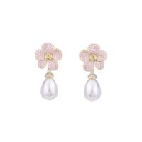 Cubic Zirconia Micro Pave Brass Earring with Plastic Pearl Flower plated fashion jewelry & micro pave cubic zirconia & for woman nickel lead & cadmium free Sold By Pair