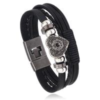 Rindsleder Armband, Zinklegierung, mit PU Leder & Kuhhaut & Wachsschnur & Verkupferter Kunststoff, Modeschmuck & mehrschichtig & Punk-Stil & unisex, schwarz, frei von Nickel, Blei & Kadmium, 20mm, Länge ca. 8.46 ZollInch, verkauft von PC