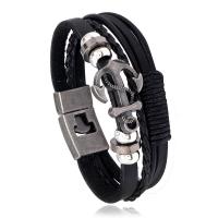 Rundsleder armbanden, Koeienhuid, met PU & Wax & Copper Coated Plastic & Zinc Alloy, mode sieraden & multilayer & punk stijl & uniseks, zwart, 20mm, Lengte Ca 8.46 inch, Verkocht door PC