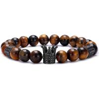 Natural Tiger Eye pulseiras, olho de tigre, with cobre, Coroa, joias de moda & unissex & micro pavimento em zircônia cúbica, Mais cores pare escolha, 8mm, comprimento Aprox 7.48 inchaltura, vendido por PC