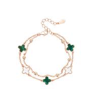 Bracelets en argent sterling, Argent sterling 925, avec Malachite & coquille blanche, Trèfle à quatre feuilles, Plaqué de couleur d'or rose, bijoux de mode & pour femme, couleur or rose, 180mm, Vendu par PC