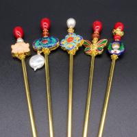 Capelli Stick, ottone, with perla in plastica & cloisonne, placcato color oro, inviato casualmente & per la donna & smalto, colori misti, assenza di nichel,piombo&cadmio, 170mm, Venduto da PC