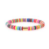 argile de polymère bracelet, avec laiton, Plat rond, Placage de couleur d'or, élastique & pour femme, plus de couleurs à choisir, 6mm, Longueur Environ 17-18 cm, Vendu par PC