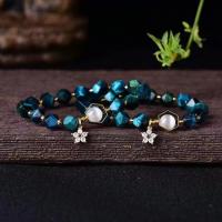 Natural Tiger Eye pulseiras, olho de tigre, with Seedbead & zircone em forma de cubo & Pedra olho de gato, Star Cut Face & para mulher, azul, 8mm, comprimento Aprox 18 cm, vendido por PC