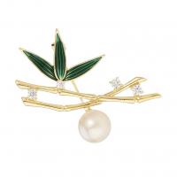 South Sea Shell broche, laiton, avec Shell Pearl, bambou, Placage de couleur d'or, unisexe & pavé de micro zircon & émail, vert, protéger l'environnement, sans nickel, plomb et cadmium, 45x35mm, Vendu par PC