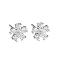 Cubic Zirconia micro pavimenta Sterling Silver Earring, 925 sterline d'argento, Fiore, placcato color argento, Micro spianare cubic zirconia & per la donna, argento, 6mm, Venduto da coppia