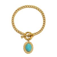 Bracelet d'acier titane, avec turquoise, pour femme, doré, 17x21mm, Longueur Environ 7.87 pouce, Vendu par PC