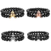 Gemstone Bracelets Lava with Brass 2 pieces & Unisex & micro pave cubic zirconia 8mm Length Approx 7.48 Inch Sold By Set