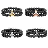 Gemstone Bracelets Lava with Brass 2 pieces & Unisex & micro pave cubic zirconia 8mm Length Approx 7.48 Inch Sold By Set