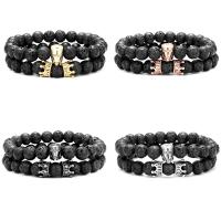 Gemstone Bracelets Lava with Brass 2 pieces & Unisex & micro pave cubic zirconia 8mm Length Approx 7.48 Inch Sold By Set