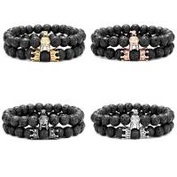 Gemstone Bracelets Lava with Brass 2 pieces & Unisex & micro pave cubic zirconia 8mm Length Approx 7.48 Inch Sold By Set