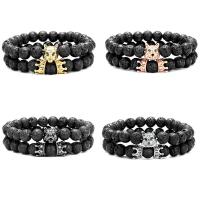 Gemstone Bracelets Lava with Brass 2 pieces & Unisex & micro pave cubic zirconia 8mm Length Approx 7.48 Inch Sold By Set