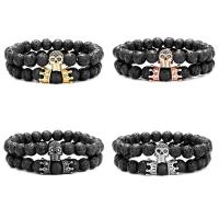 Gemstone Bracelets Lava with Brass 2 pieces & Unisex & micro pave cubic zirconia 8mm Length Approx 7.48 Inch Sold By Set