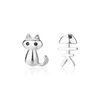 Boucles d'oreilles asymétriques, argent sterling 925, Dessin animé, Placage, pavé de micro zircon & pour femme, plus de couleurs à choisir, 9x9mm, Vendu par paire