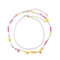 Collar Multi de la capa, aleación de zinc, con Perlas de plástico ABS & resina, chapado en color dorado, 2 piezas & Joyería & para mujer, multicolor, longitud 41.2-51.4 cm, Vendido por Set