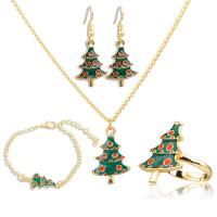 liga de zinco Conjunto de Jóias, Anel de dedo & Bracelete / Pulseira & Brincos & colar, Árvore de Natal, cromado de cor dourada, 4 peças & Design de Natal & para mulher & esmalte, níquel, chumbo e cádmio livre, 5.4*2.8cm,3.5*2.8cm,3.2*2.8cm,2.8*4cm, vendido por Defina