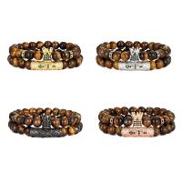 Natuurlijke Tiger Eye armbanden, met Messing, 2 stuks & uniseks & micro pave zirconia, meer kleuren voor de keuze, 8mm, Lengte Ca 7.48 inch, Verkocht door Stel