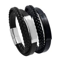 Pulseras de Cordón de PU, Cuero de PU, con Partículas de acero, longitud diferente para la opción & para hombre, Negro, Vendido por Set