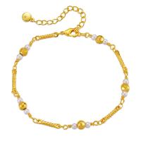 Pulseras de latón, metal, con Perlas plásticas, con 2.36inch extender cadena, 18K chapado en oro, Joyería & para mujer, dorado, libre de níquel, plomo & cadmio, longitud aproximado 6.69 Inch, Vendido por UD