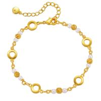 Pulseras de latón, metal, con Perlas plásticas, con 2.36inch extender cadena, 18K chapado en oro, Joyería & para mujer, dorado, libre de níquel, plomo & cadmio, longitud aproximado 6.49 Inch, Vendido por UD