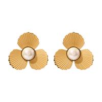 Stainless Steel Stud Earrings 304 Stainless Steel with ABS Plastic Pearl Vacuum Ion Plating fashion jewelry & for woman golden Sold By Pair