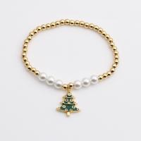 Kerstvakantie Armband, Messing, met Plastic Pearl, gold plated, Kerstontwerp & uniseks & verschillende stijlen voor de keuze & micro pave zirconia & glazuur, gemengde kleuren, nikkel, lood en cadmium vrij, Lengte 7.1 inch, Verkocht door PC