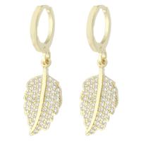 Boucles d'oreilles en laiton zircon cubique pavent, feuille, Placage de couleur d'or, pavé de micro zircon & pour femme, 32mm, Vendu par paire