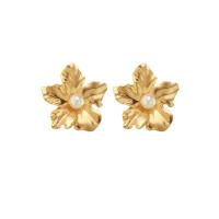 Pendientes de Perno de Aleación de Zinc, con Perlas plásticas, Flor, chapado en color dorado, Estilo coreano & para mujer, 45x48mm, Vendido por Par