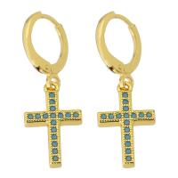 Boucle d’oreille goutte strass Hoop, laiton, avec turquoise, croix, Placage de couleur d'or, pour femme, 29mm, Vendu par paire