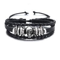 PU Schnur Armbänder, PU Leder, mit Split-Layer-Rindsleder & Wachsschnur & Holz & Verkupferter Kunststoff & Zinklegierung, poliert, drei Schichten & Modeschmuck & unisex, schwarz, 170x6mm, verkauft von PC