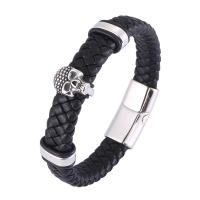 PU de microfibra Pulsera, con acero inoxidable 316, Calavera, pulido, Joyería & longitud diferente para la opción & para hombre & ennegrezca, más colores para la opción, 12mm, Vendido por UD