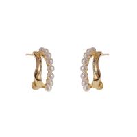 Pendientes de Perno en Latón, metal, con Perlas plásticas, Letra C, chapado en oro de 14 K, Joyería & para mujer, dorado, libre de níquel, plomo & cadmio, 4x13mm, Vendido por Par