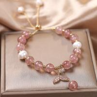 Braccialetti in cristallo naturale, Strawberry Quartz, with lega in zinco, placcato color oro, Micro spianare cubic zirconia & per la donna, rosa, Lunghezza Appross. 7.6 pollice, Venduto da PC