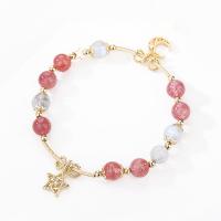 Braccialetti in cristallo naturale, Moonstone, with Strawberry Quartz & lega in zinco, placcato color oro, stili diversi per la scelta & per la donna, due diversi colori, Lunghezza Appross. 6.1 pollice, Venduto da PC