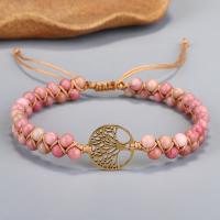 Bracelets Woven Ball pierres précieuses, cordon de polyester, avec rhodonite & Acier inoxydable 304, Arbre de vie, bijoux de mode & pour femme, rose, Vendu par 15-30 cm brin