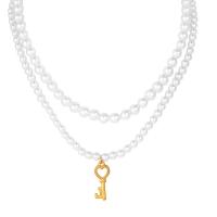 Collier de perles en plastique, perle de plastique, avec Acier titane, avec 5cm chaînes de rallonge, clé, Double couche & bijoux de mode & réglable & pour femme, blanc, 11x30mm, Longueur 40 cm, 46 cm, Vendu par PC