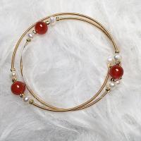 Mässing Armband, med Red Agate & Freshwater Pearl, guldfärg pläterade, för kvinna, gyllene, Längd 7.1 inch, Säljs av PC