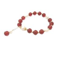 Bracelets en Agate rouge, avec perle d'eau douce cultivée, Rond, Style coréen & pour femme, 8mm, Longueur Environ 6.5 pouce, Vendu par PC