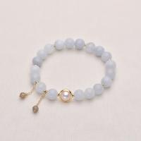 calcédoine bleu bracelet, avec perle d'eau douce cultivée & laiton, Rond, Placage de couleur d'or, pour femme, 8-9mm, Longueur 7.1 pouce, Vendu par PC