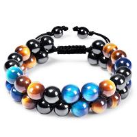 Pulseras de Gemas Estilo Woven Ball, Ojo de tigre, con Cordón de nudo & Piedra Negra, Doble capa & unisexo, 16mm, longitud aproximado 7.5-11.8 Inch, Vendido por UD