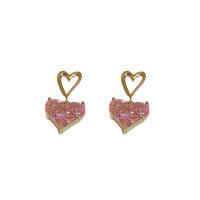 Zircon cubique Micro Pave parures de bijoux en laiton, boucle d'oreille & collier, coeur, Placage de couleur d'or, bijoux de mode & styles différents pour le choix & pavé de micro zircon & pour femme, rose, protéger l'environnement, sans nickel, plomb et cadmium, Vendu par PC