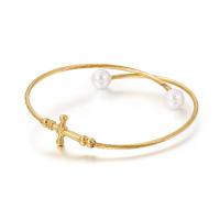 Acier inoxydable 304 bracelet manchette, avec Shell Pearl, croix, accumuler placage, pour femme, plus de couleurs à choisir, 8mm,18x13mm, Diamètre intérieur:Environ 66mm, Vendu par PC