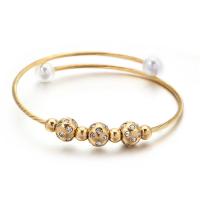 Acier inoxydable 304 bracelet manchette, avec Shell Pearl, Rond, accumuler placage, pour femme & avec strass, plus de couleurs à choisir, 8mm, Diamètre intérieur:Environ 60mm, Vendu par PC