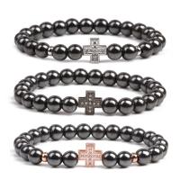 hématite non magnétique bracelet, avec laiton, croix, Placage, élastique & pavé de micro zircon & pour homme, plus de couleurs à choisir, Longueur 18-20 cm, Vendu par PC