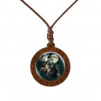 Tijd Gem sieraden ketting, Hout, met Wax & Glas, Rond plat, uniseks, meer kleuren voor de keuze, 27x27mm, Lengte Ca 45 cm, Verkocht door PC