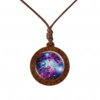 Time Gem Jewelry Necklace Wood with Wax Cord & Glass Flat Round Unisex Length Approx 45 cm Sold By PC