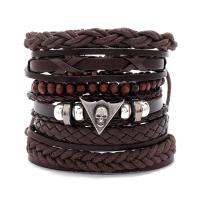 PU Armband-Set, met Koeienhuid & Wax & Hout & Copper Coated Plastic & Zinc Alloy, 6 stuks & mode sieraden & uniseks, bruin, Lengte Ca 17-18 cm, Verkocht door Stel