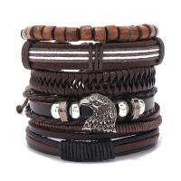 Couro do plutônio Conjunto de pulseira, with corda de Couro de vaca & Fio de cera & madeira & plástico revestido de cobre & liga de zinco, 6 peças & joias de moda & unissex, comprimento Aprox 17-18 cm, vendido por Defina